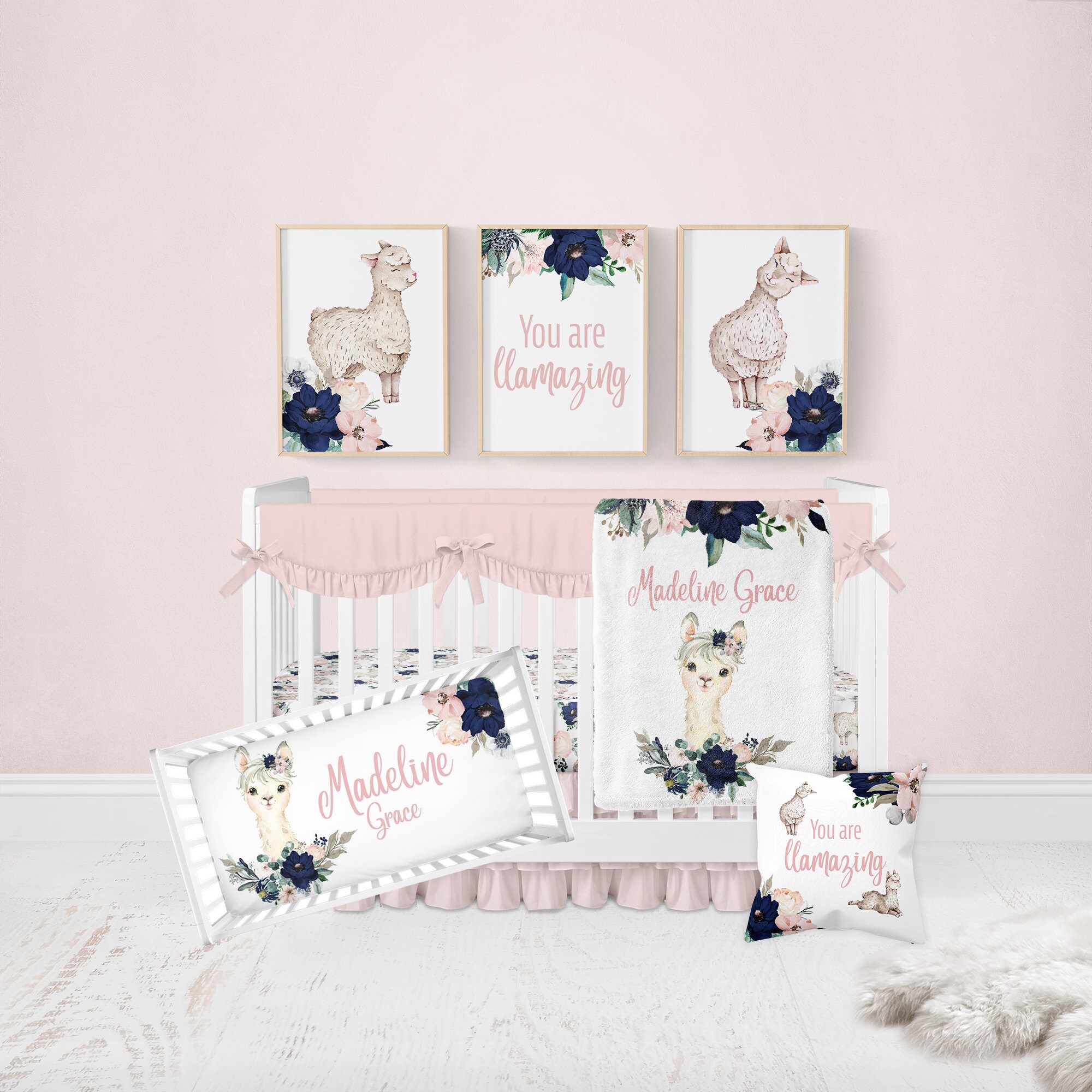 Personalized Llama Crib Sheet Navy Blue Pink Floral Crib Etsy