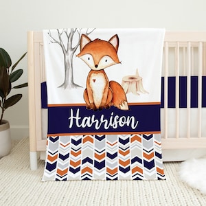 Personalized Fox Baby Blanket, Fox Crib Bedding, Boy Crib Bedding, Name Blanket, Personalized Baby Boy Blanket, Christmas Gift, Baby Gifts