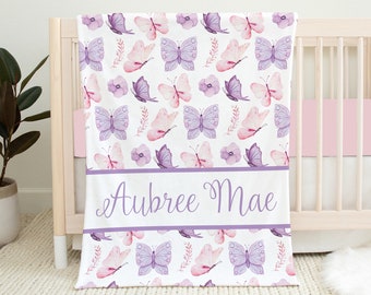 Manta de bebé con mariposas personalizada, manta para niña, manta con nombre para bebé, ropa de cama para cuna con mariposas, regalo para baby shower, manta rosa y morada