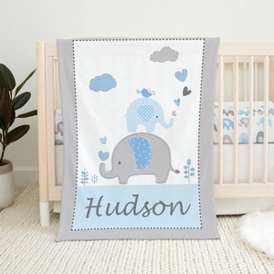 Personalized Elephant Baby Blanket, Baby Boy Blanket Blue, Baby Shower Gift, Elephant Crib Bedding, Baby Boy Crib Bedding, Elephant Nursery