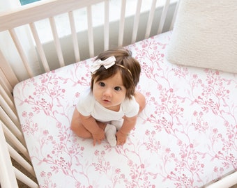 Pink Toile Crib Sheet, Pink Crib Sheets Girl, Mini Crib Sheet, Baby Girl Crib Bedding, Vintage Pink Floral Crib Bedding, Toile Baby Bedding