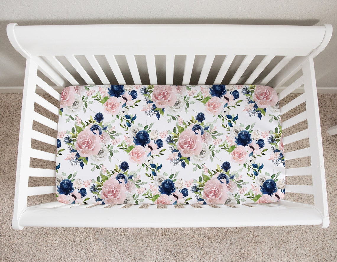 Navy and Blush Pink Floral Crib Sheet Crib Sheets Girl Etsy