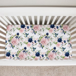 Navy And Blush Pink Floral Crib Sheet, Crib Sheets Girl, Floral Crib Bedding, Floral Nursery, Baby Girl Crib Bedding, Soft Pink Crib Sheets