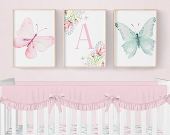 Láminas de mariposas para guardería, juego de 3 láminas personalizadas para guardería, decoración de mariposas para guardería, decoración de guardería para niñas, arte de pared de mariposas para guardería