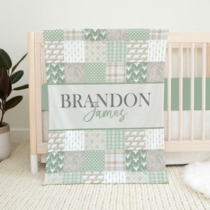 Personalized Woodland Baby Blanket, Name Blanket, Baby Boy Blanket, Woodland Crib Bedding, Baby Shower Gift, Sage Green, Neutral, Bear Deer