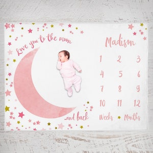 Manta personalizada del hito de la niña, niña de la manta del hito de la luna, manta del mes del bebé de las estrellas de la luna, regalo de la ducha del bebé, manta de la niña