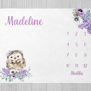 Hedgehog Milestone Blanket, Girl Milestone Blanket, Baby Shower Gift, Purple Floral Monthly Growth Blanket, Personalized Baby Girl Blanket