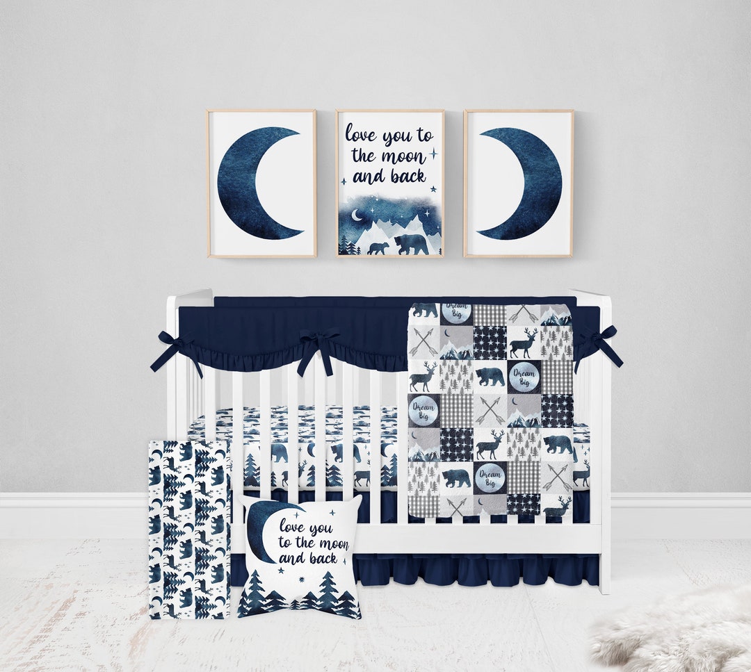 Woodland Crib Bedding Set, Baby Boy Crib Bedding, Love You to the Moon and Back, Moon Crib