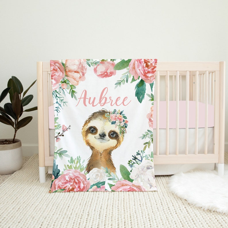 Floral Sloth Baby Blanket Sloth Nursery Personalized Name