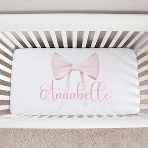 Pink Bow Crib Sheet, Pink Crib Bedding Girl, Bow Crib Bedding, Mini Crib Bedding, Pink Bow Nursery Decor, Baby Girl Bedding, Fitted Sheets