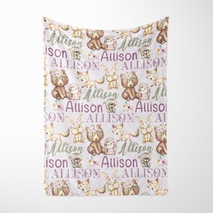 Personalized Baby Girl Woodland Animals Name Blanket, Purple Woodland Baby Girl Blanket, Woodland Crib, Baby Shower Gift Custom Name Blanket
