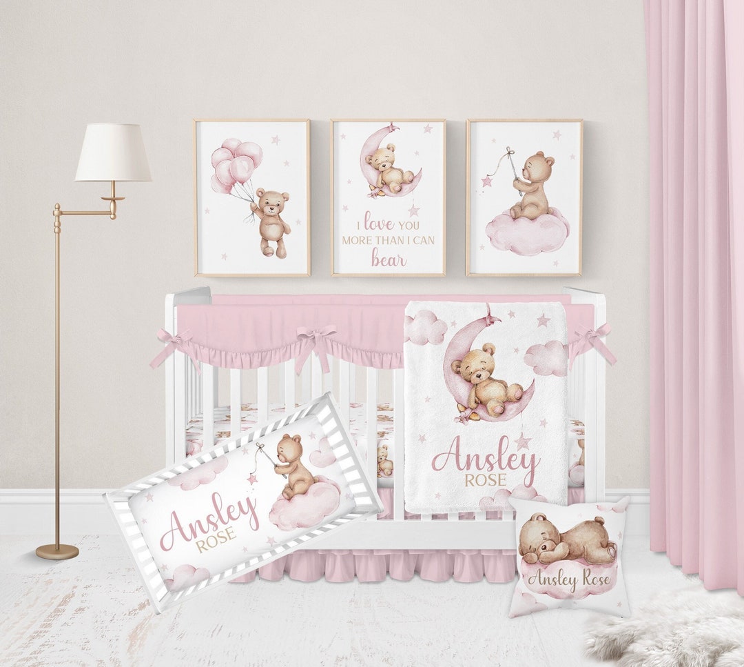 Teddy Bear Crib Bedding Set Girl, Baby Girl Bedding, Pink Teddy Bear