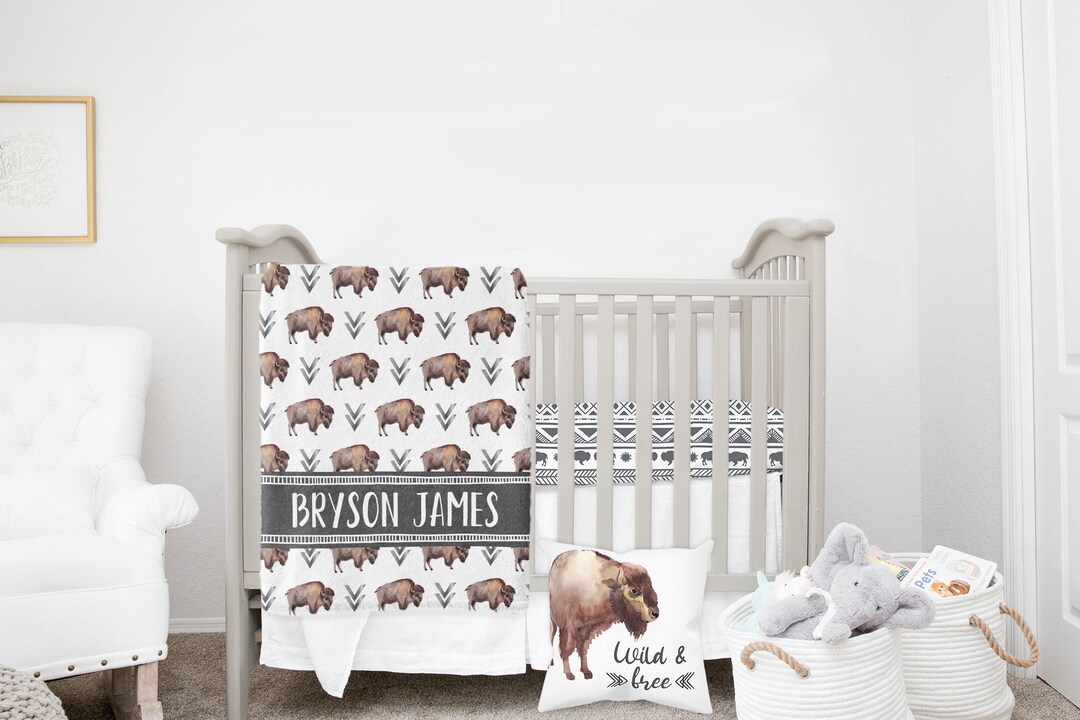 MINI Crib Bedding Set, Gender Neutral Mini Crib Bedding, Buffalo Crib