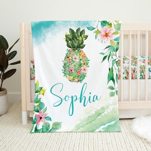 Personalized Baby Girl Blanket, Tropical Baby Blanket, Tropical Crib Bedding, Pineapple, Baby Shower Gift, Girl Crib Bedding, Floral, Beach