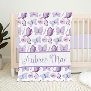 Personalized Butterfly Baby Blanket, Butterfly Nursery Purple Baby Girl Blanket, Baby Name Blanket, Baby Shower Gift, Butterfly Crib Bedding