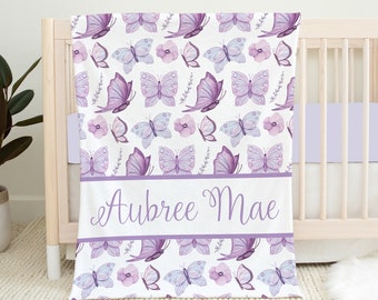 Personalized Butterfly Baby Blanket, Butterfly Nursery Purple Baby Girl Blanket, Baby Name Blanket, Baby Shower Gift, Butterfly Crib Bedding
