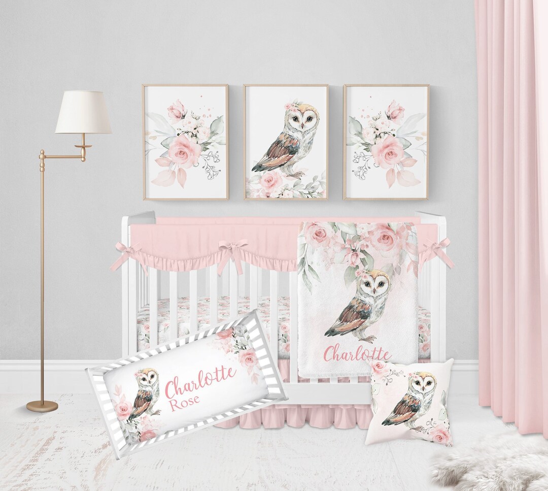 Owl Crib Bedding Set, Baby Girl Crib Bedding Set, Pink Floral Crib Set