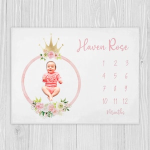Princess Milestone Blanket, Girl Milestone Blanket, Baby Shower Gift, Baby Month Blanket, Personalized Princess Baby Blanket, Pink Floral