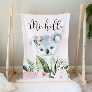 Personalized Koala Baby Blanket, Baby Girl Blanket, Koala Crib Bedding, Baby Name Blanket, Pink Baby Blanket, Baby Shower Gift, Koala Bear
