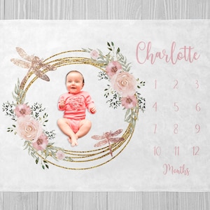 Girl Milestone Blanket, Pink Floral Milestone Blanket, Dragonfly Baby Blanket, Baby Shower Gift, Monthly Blanket, Personalized Baby Blanket