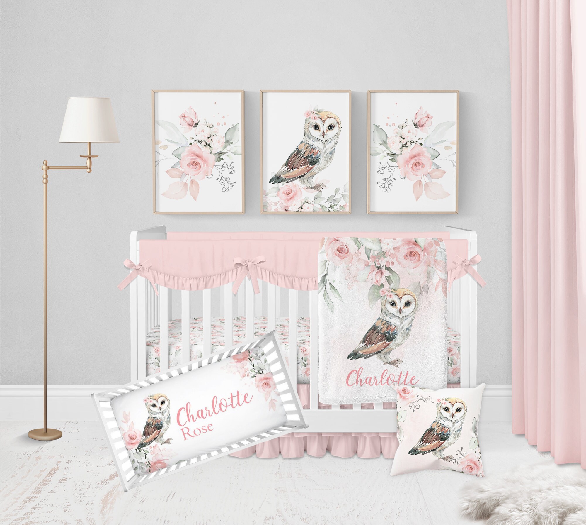 Personalized Owl Baby Blanket, Baby Girl Blanket, Pink Floral Baby