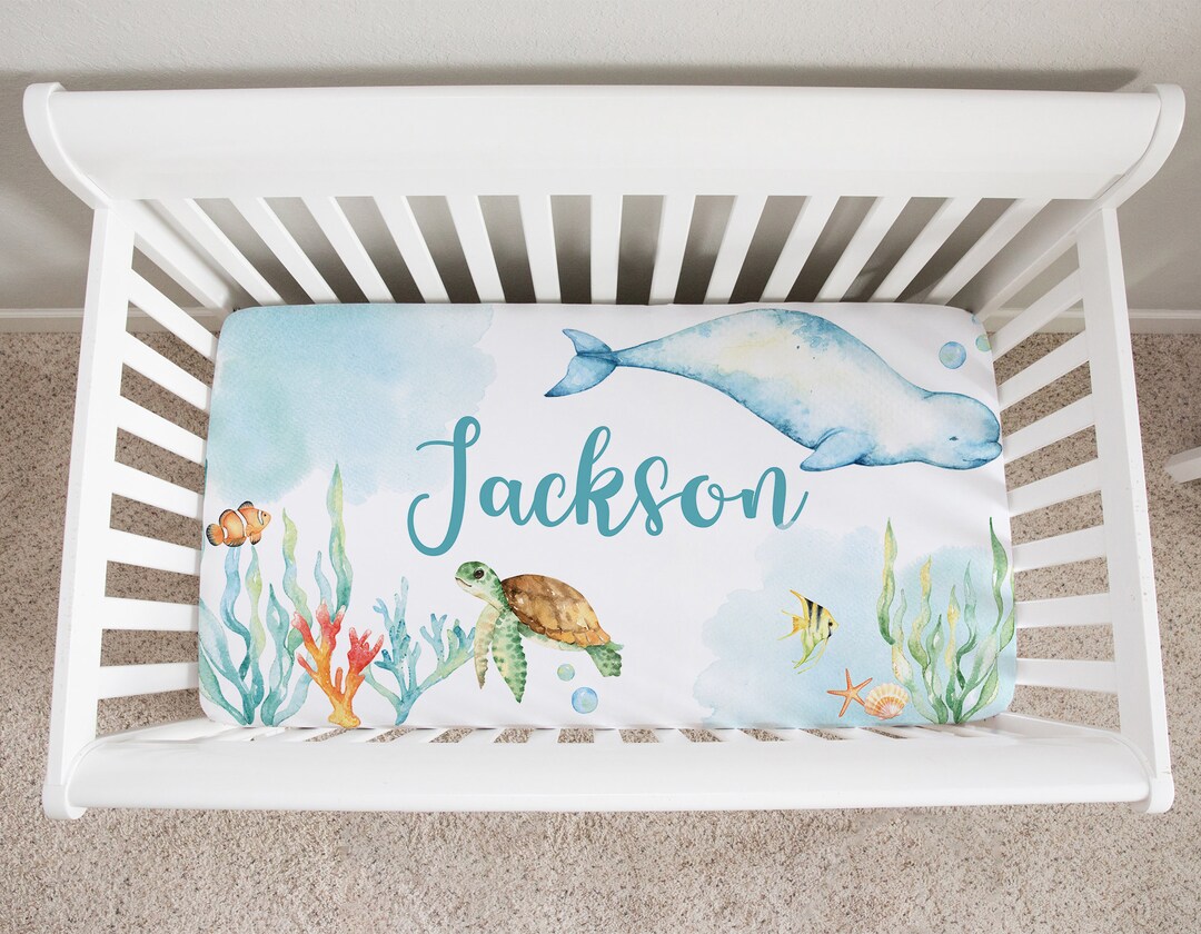 Personalized Under the Sea Crib Sheet, Sea Crib Bedding, Under the Sea Nursery, Crib Sheets Boy