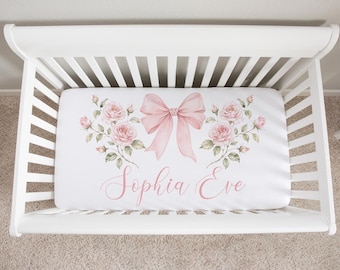 Personalized Crib Sheets Girl, Pink Bow Crib Bedding, Custom Baby Girl Gift, Pink Floral Nursery Decor, Baby Girl Bedding, Mini Crib Sheets