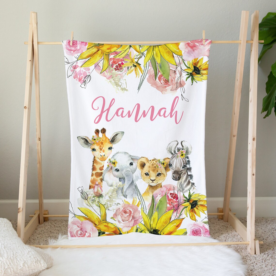 Floral Safari Animals Baby Girl Blanket, Personalized Girl Blanket ...