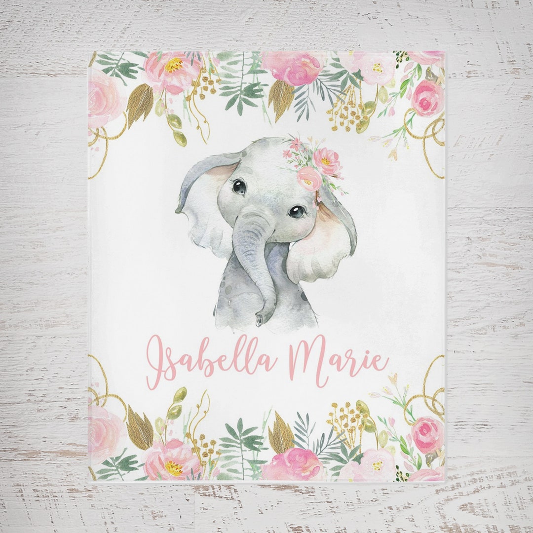 Baby Girl Elephant Blanket, Personalized Baby Blanket, Floral Elephant Baby Blanket, Pink