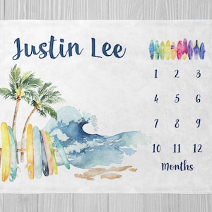 Surfing Milestone Blanket, Boy Milestone Blanket, Baby Shower Gift, Surfer Monthly Milestone, Personalized Baby Boy Blanket, Beach Milestone