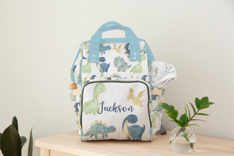 Custom Diaper Bag, Dinosaur Diaper Bag Multiuse Backpack, Boy Diaper Bag Backpack, Baby Shower Gift, Personalized Baby Bag Boy, New Mom Gift image 1