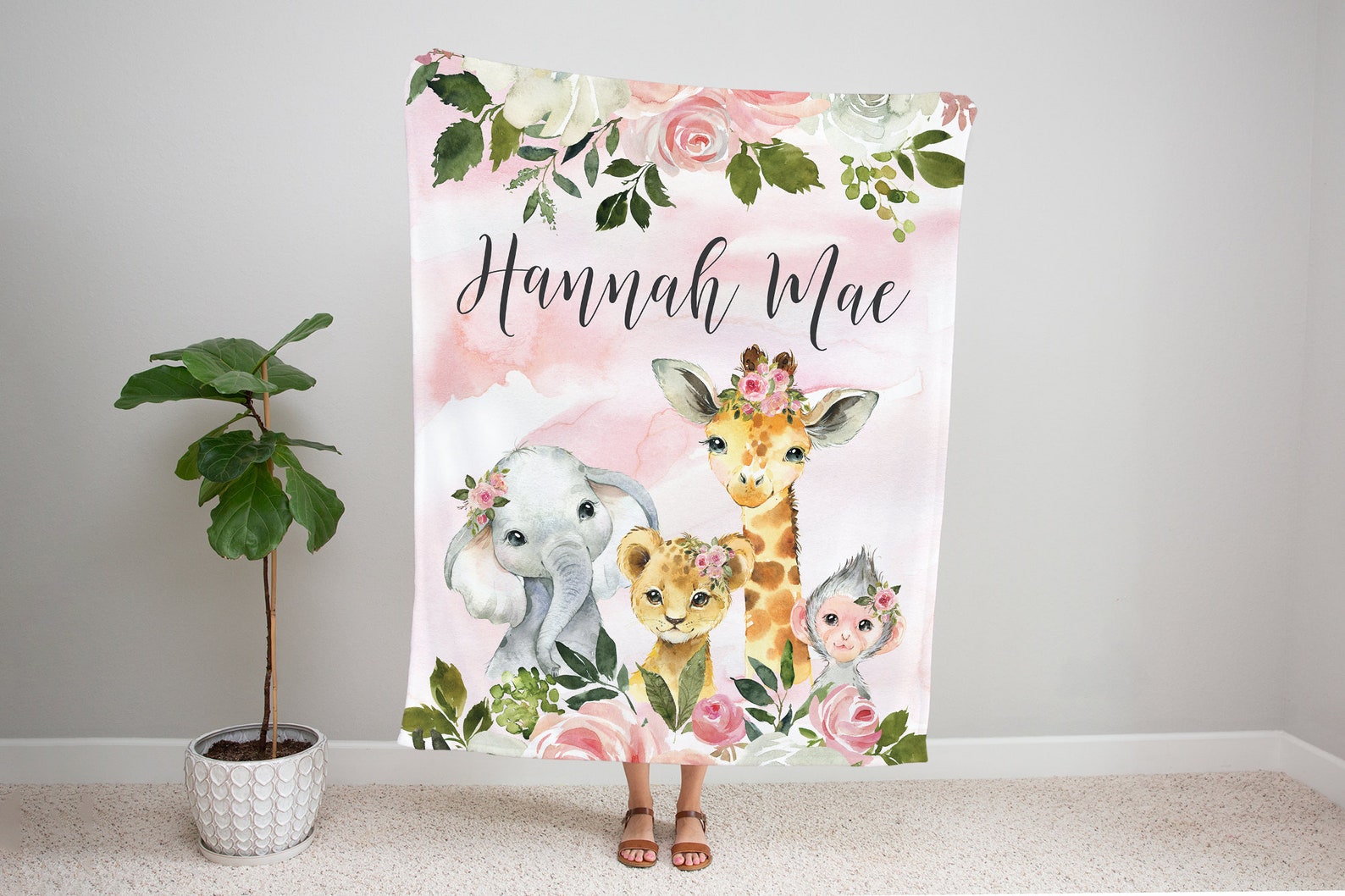 Safari Animals Floral Baby Girl Blanket, Personalized Girl Blanket ...