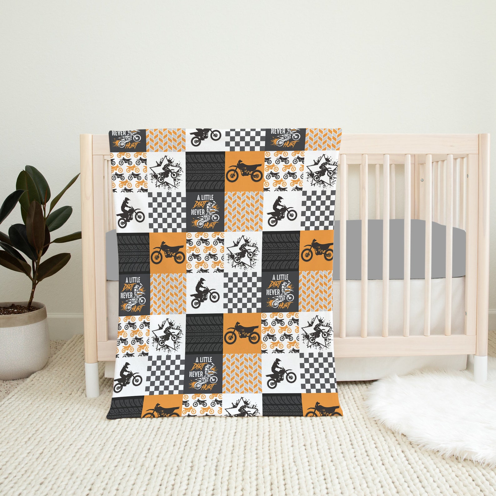 Dirt Bike Baby Bedding Set, Orange Motocross Crib Bedding Set, Baby Boy