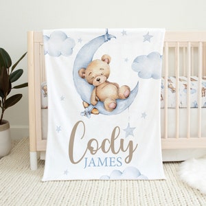 Personalized Teddy Bear Baby Blanket, Baby Boy Blanket, Teddy Bear Nursery, Baby Shower Gift, Teddy Bear Crib Bedding Boy, Blue Baby Blanket