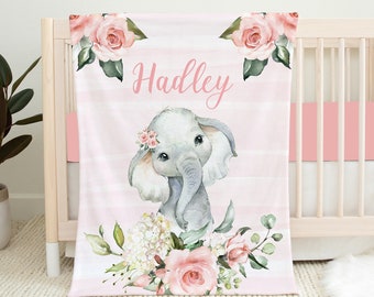 Personalized Elephant Blanket, Baby Girl Blanket, Floral Baby Blanket, Floral Elephant Crib Bedding, Baby Name Blanket Baby Shower Gift Pink