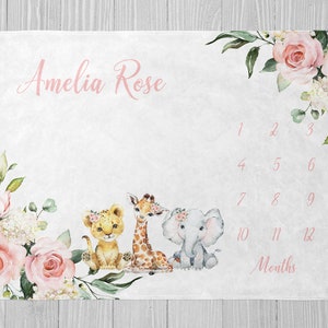 Safari Milestone Blanket, Baby Girl Milestone Blanket, Baby Shower Gift, Pink Floral Milestone, Monthly Milestone, Personalized Baby Blanket