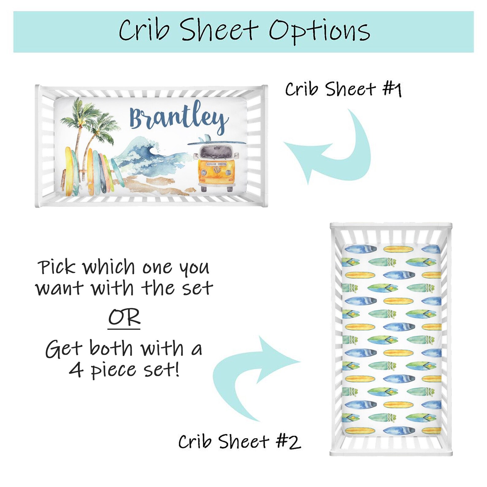 Surf Crib Bedding, Baby Boy Crib Bedding Set, Surfer Baby Nursery Set