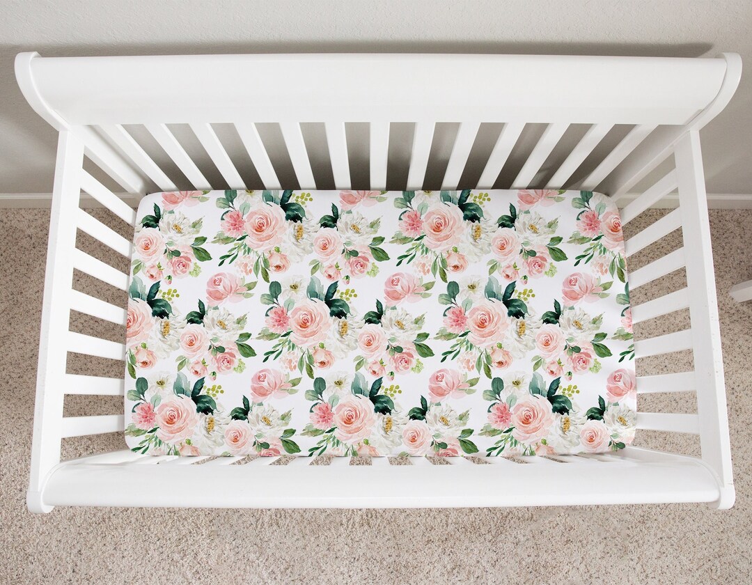 Blush Pink Floral Crib Sheet, Crib Sheets Girl, Soft Pink Crib Sheet