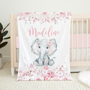 Personalized Elephant Baby Blanket, Baby Girl Blanket, Floral Baby Blanket, Pink Elephant Crib Bedding, Baby Name Blanket, Baby Shower Gift