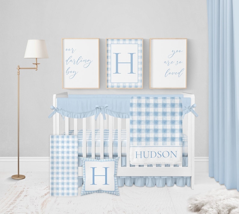 Baby Boy Crib Bedding Set, Blue Baby Bedding Crib Sets Boy, Baby Boy Nursery, Boy Nursery Bedding Set Boy, Blue Gingham Crib Bedding Set Boy image 1