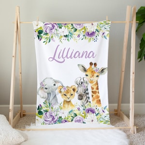 Personalized Safari Baby Blanket, Purple Floral, Safari Animals Baby Girl Blanket, Baby Shower Gift, Baby Name Blanket, Safari Crib Bedding