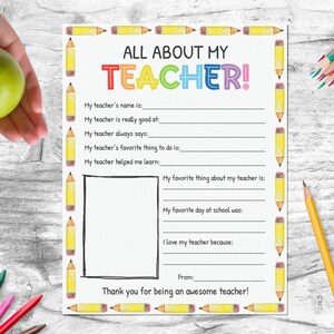 All About My Teacher, Teacher Appreciation Week Printable, Teacher Appreciation Gift, End Of Year Teacher Thank You Gift, End Of School Gift