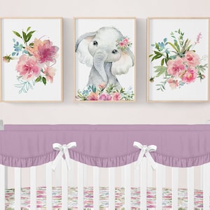 Elephant Nursery Prints, Floral Elephant Nursery, Elephant Nursery Decor, Set of 3, Baby Girl Nursery Decor, Safari Nursery, Jungle Nursery