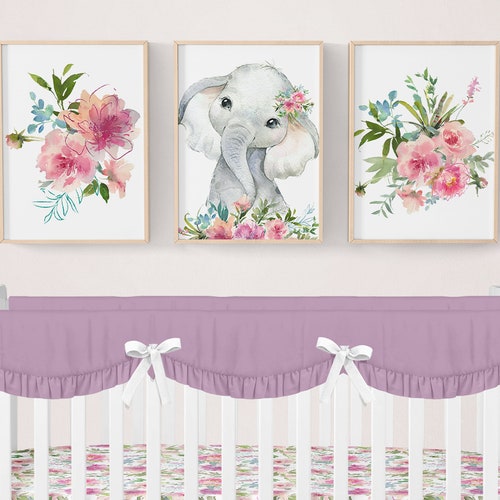 Baby Girl Elephant Nursery Wall Art Floral Animal Set of 3 Etsy