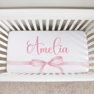 Pink Bow Crib Sheets Girl, Name Crib Sheets, Pink Crib Bedding, Mini Crib Sheets Personalized, Pink Bow Nursery Bedding, Baby Girl Bedding