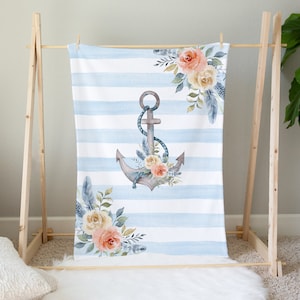 Nautical Baby Blanket, Baby Girl Blanket, Coastal Nursery, Anchor, Baby Shower Gift, Ocean Nursery, Ocean Crib Bedding, Floral Baby Blanket