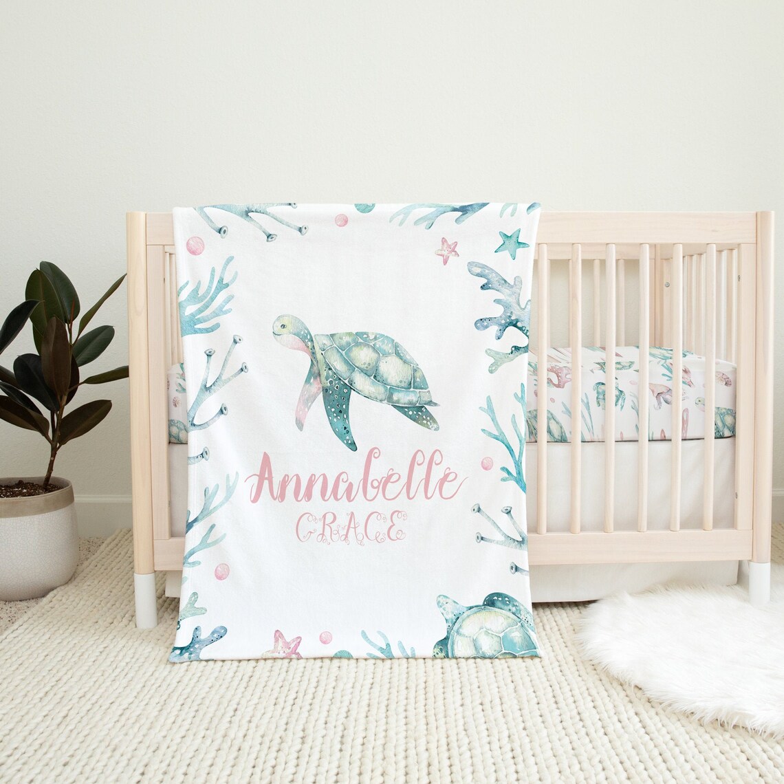 Personalized Sea Turtle Baby Blanket Baby Name Blanket Etsy