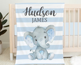 Manta de bebé elefante personalizada, manta de niño bebé, manta de nombre de bebé, regalo de baby shower, ropa de cama de cuna de elefante, manta de bebé azul, niño pequeño