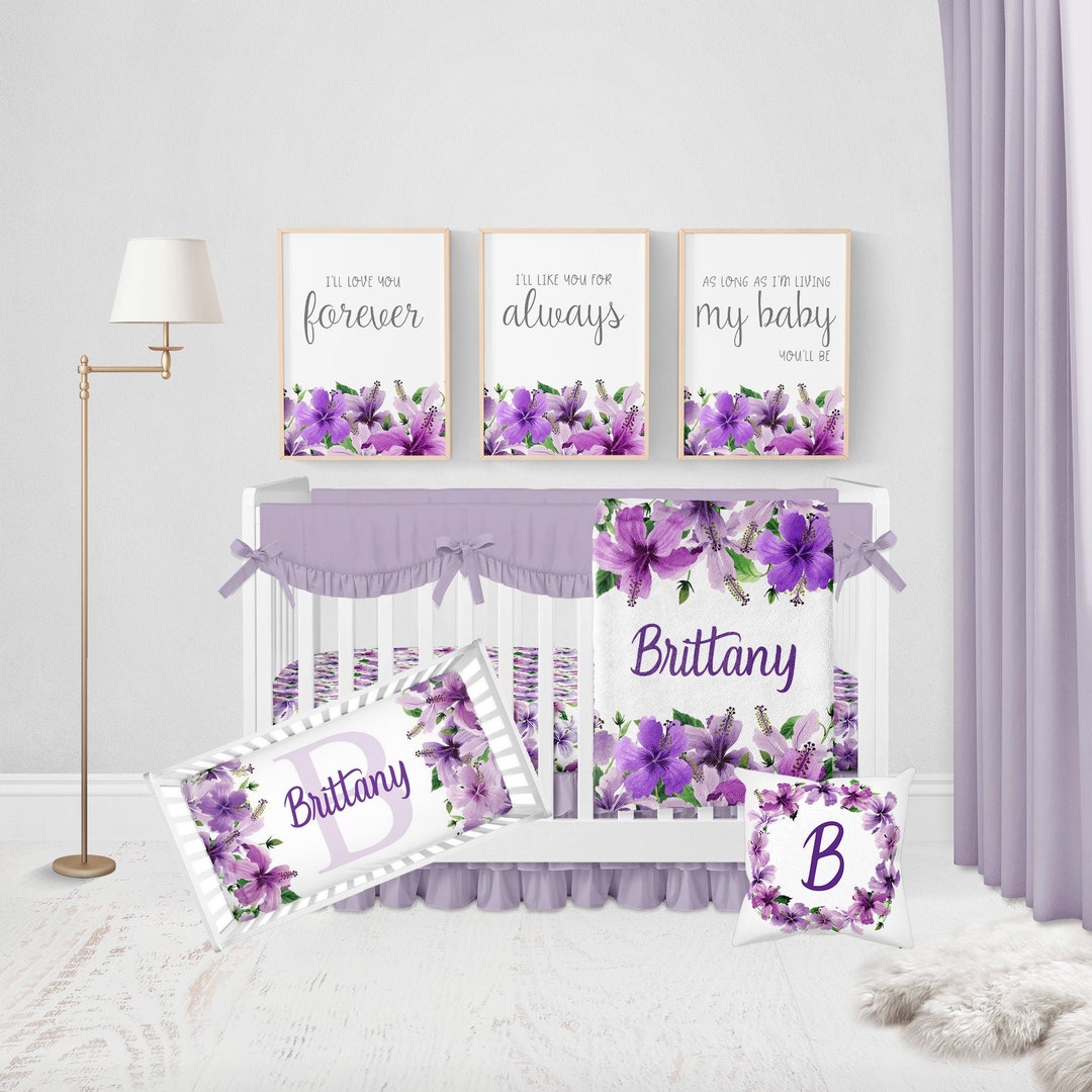 Purple Floral Crib Bedding, Hawaiian Crib Bedding Set, Girl Crib