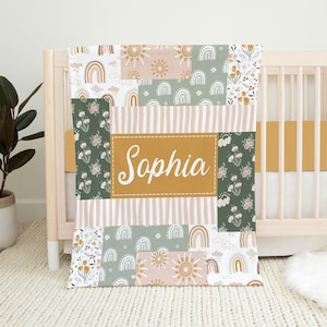 Manta personalizada para niña, manta para bebé Boho, regalo de baby shower, guardería arcoíris, ropa de cama de cuna Boho, ropa de cama para cuna de niña de guardería Boho